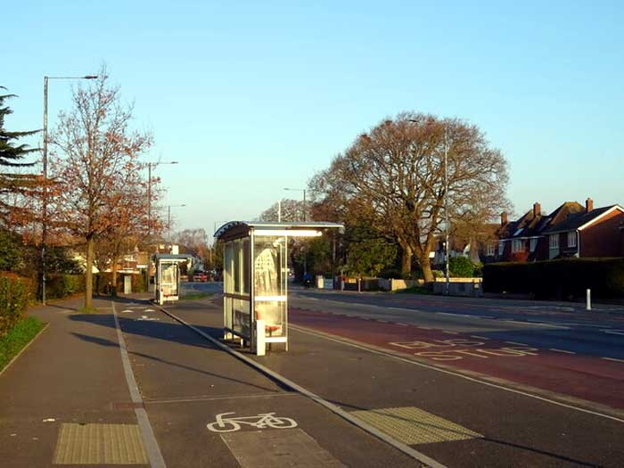 Bus stop and shelter on Castle Lane West