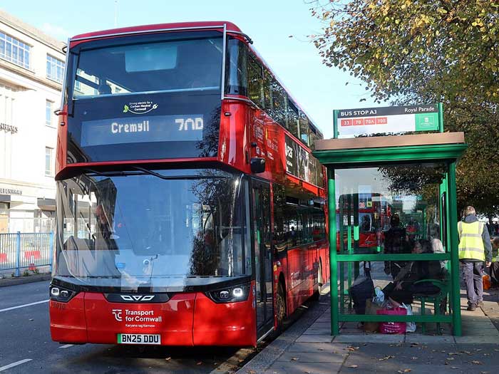A Go Cornwall Bus electric double-decker