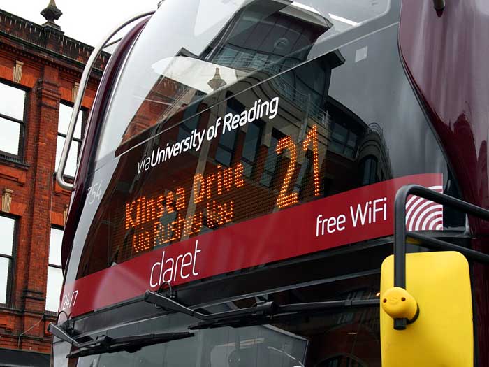 A Reading Buses claret 21 double-decker